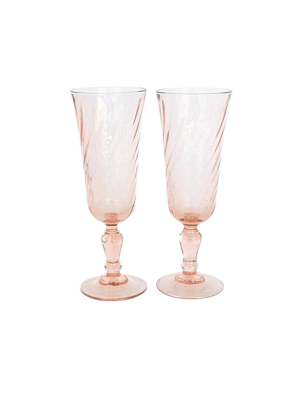 Vintage Arcoroc France Rosaline Pink Swirl Optic Champagne Flutes